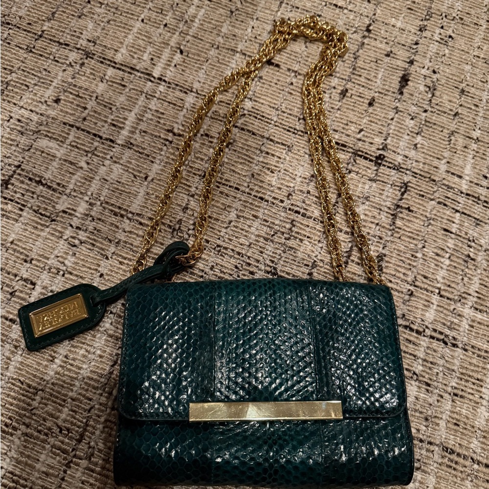 Badgley Mischka dark green Snakeskin Clutch with Gold Chain